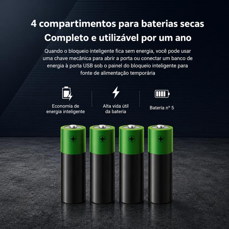 4 pilhas AA com autonomia de até 12 meses e aviso de bateria fraca.