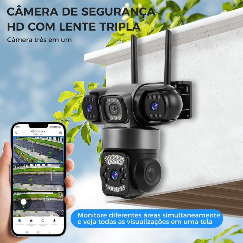 Câmera de segurança 4K com lente tripla instalada na parede